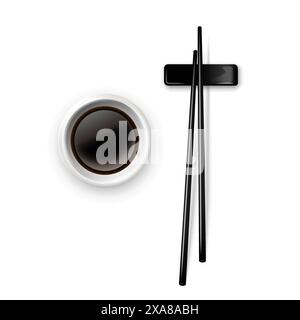 Sushi chopsticks and soy sauce in bowl. Chinese or Japanese cuisine elements for eating vector illustration. Black wooden pair of sticks and plate Stock Vector