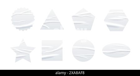 Crumpled white paper sticker vector illustration set. Wrinkled glued labels different shapes and forms. Realistic isolated round, circle, square Stock Vector