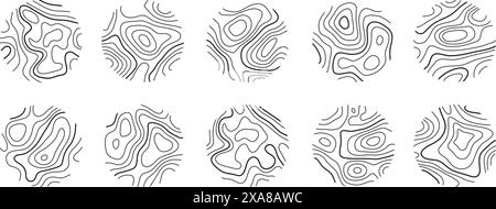 Circular wood rings or topographic map lines texture set. Wood tree topographic abstract lines collection Stock Vector