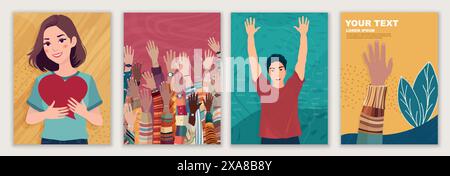 Leaflet - cover with group of volunteer multicultural people - editable poster template. Raised arms of people holding a heart in their hand. Charity Stock Vector