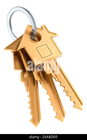 Keys from house on a keyring, 3D rendering isolated on white background Stock Photo