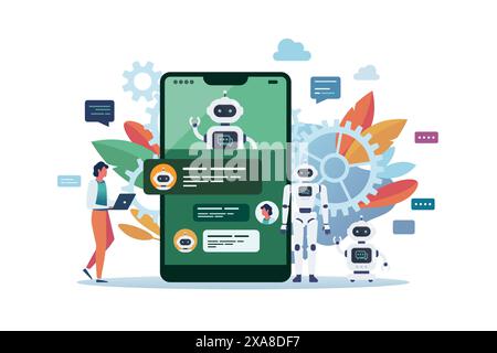 Man chatting with android robot or chat bot on smartphone screen. Artificial Intelligence. Vector illustration Stock Vector