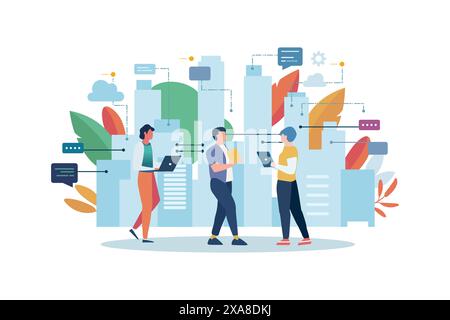 Urban cityscape with people and communication icons. Cloud system concept. data center. cloud communication concept. computing technology flat illustr Stock Vector