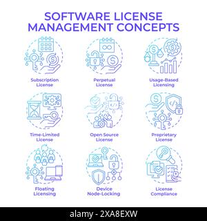 Software license management blue gradient concept icons Stock Vector