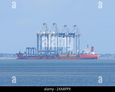 Sheerness, Kent, UK. 5th June, 2024. A ship carrying four cranes balanced on deck - heavy lift ship Zhen Hua 36 has travelled from Shanghai, China to deliver four quay cranes to London Gateway this morning - pictured from Sheerness, Kent. Credit: James Bell/Alamy Live News Stock Photo