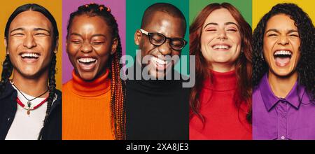 Five individuals each presenting a burst of laughter against distinct vivid backdrops. The series portrays a spectrum of emotions and personalities Stock Photo