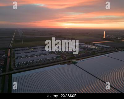 Large scale data center building complex in Middenmeer, The Netherlands, at night. Stock Photo