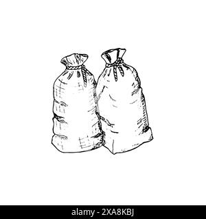 Hand-drawn closed sacks.  Sacks of flour, sugar, rice, and grain. Isolated on white background. Stock Vector