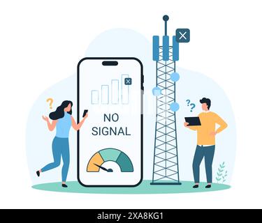 No or weak, offline internet signal, error of connection with telecommunication antenna, wifi router. Tiny people with lost or bad signal on speedometer of phone screen cartoon vector illustration Stock Vector