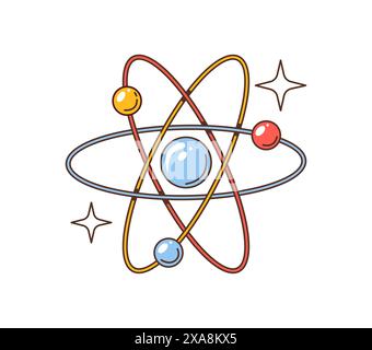 Retro groovy atom with electrons orbiting around a central nucleus with surrounding twinkling stars. Isolated cartoon vector sign, symbolizing the basic structure of atom in chemistry and physics Stock Vector