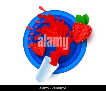 Paper cut strawberry juice splash. 3d vector vibrant and dynamic papercut with red liquid explosion and ripe garden berries on blue round layered frame, exudes summer vibes, freshness and health Stock Vector