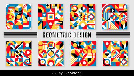 Abstract modern geometric patterns with minimal graphic elements. Vector background of color squares, circles and triangles, arches and curved lines. Simple geometry forms and figures trendy mosaic Stock Vector