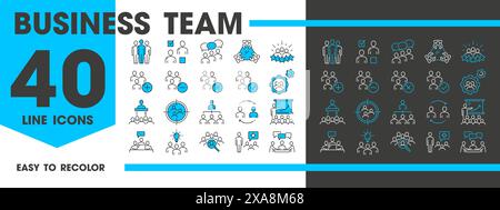 Business team discussion icons, management and brainstorm, meeting and recruitment, vector pictograms. Teamwork business discussion line icons of people of company network, conference and presentation Stock Vector