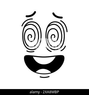 Groovie emoji face, shocked smile or retro cartoon character, vector comic emoticon. Groovy face with spiral eyes of surprised or astonished shock emoticon face and scared mouth in retro doodle line Stock Vector