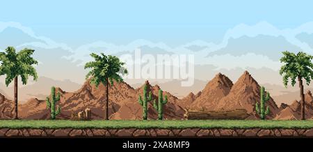 8 bit pixel prairie or desert landscape with mountains and palm trees, vector background. 8bit pixel art landscape for arcade video game, cactus and palms in desert canyon of prairie valley with grass Stock Vector