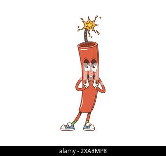 Cartoon retro Western dynamite tnt groovy character. Vector Wild West bomb stick personage with burning fuse or wick. Vintage happy boom emoji, old american Wild West dynamite ready to explosion Stock Vector