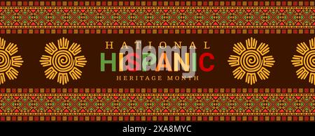 Hispanic Heritage Month banner with sun Maya symbol and ethnic ornament ...