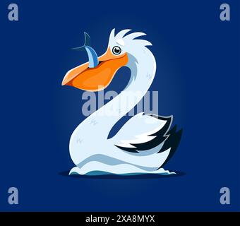 Underwater sea animals font, number 2 as cartoon pelican with fish, vector undersea alphabet. Sea animals font or ocean ABC typeface with cartoon character of funny pelican eating fish in number 2 Two Stock Vector