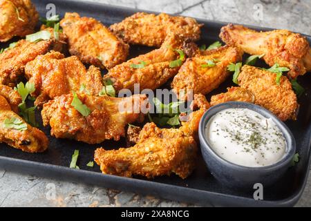 Tasty Baked Curry Chicken Wings served with greek yogurt closeup on the plate on the marble table. Horizontal Stock Photo