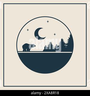 Wildlife animals in nature minimalistic illustration card. Forest landscape and bear round silhouette flat badge. Adventure tour vector parkland art Stock Vector