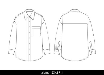 Vector fashion technical drawing of an oversized button-down shirt with front and back view. Long sleeved. Front pocket. Woven fabric. Stock Vector
