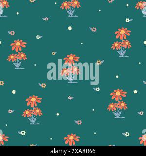 Colorful simple summer meadow seamless pattern. Leaves and flowers on green background. Floral spring vector illustration. Vector endless texture for Stock Vector
