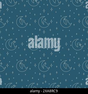 Easter bunnies seamless vector pattern. Blue simple background with moon and starry sky. Baby shower cute flat design. Vector endless texture for digi Stock Vector