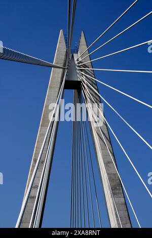 The Chartist Bridge over the Sirhowy Valley at Blackwood was designed by engineers Arup and named for the nineteenth century Chartist Movement Stock Photo