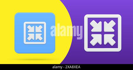 Four diagonal arrows pointing into center simple 3d icon button set vector illustration. Scale directional arrow for web ui design. Emblem resize, nar Stock Vector
