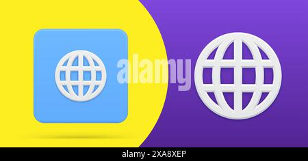 Internet global planet Earth grid round badge button 3d icon set vector illustration. Globe map simple label minimal round network sphere universe web Stock Vector