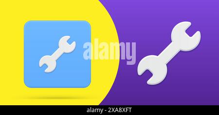 Simple wrench 3d icon squared button set vector illustration. Spanner plumbing service, building, engineering, mechanical repair, industrial work fixi Stock Vector