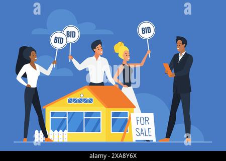 House for sale at auction, competitors bidding to buy real estate. Tiny people hold Bid paddles to offer to auctioneer own price for small family home, bidders vote cartoon vector illustration Stock Vector