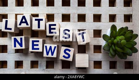 Latest news words on wooden blocks on a beautiful background. Fake or real facts concept. Stock Photo