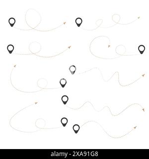 Set of dashed line airplane route with location icon flat design Stock Vector