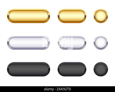 Set of buttons for mobile, web, or video games. Golden, silver, and black buttons GUI elements. Vector Isolated on a white background Stock Vector
