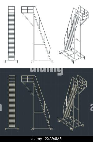 Stylized vector illustrations of blueprints of a mobile work platform Stock Vector