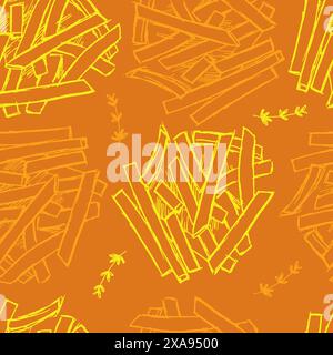Vector hand drawn simple French fries doodle repeat pattern with rosemary herb. Suitable for textile, wrapping paper and wallpaper. Stock Vector