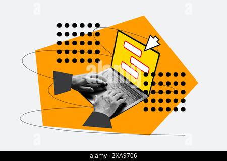 Composite photo collage of hand type macbook device surf online information office tool business icon deal isolated on painted background Stock Photo