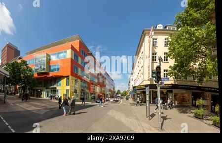 Wiesbaden, Germany - May 25, 2024: view to facade of warehouse and shopping mall in downtown Wiesbaden. Stock Photo