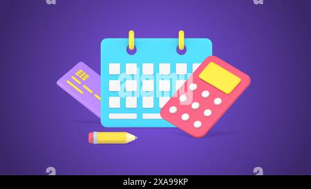 Business planning graph payment counting with calculator and calendar reminder 3d icon isometric vector illustration. Credit or mortgage pay checking Stock Vector