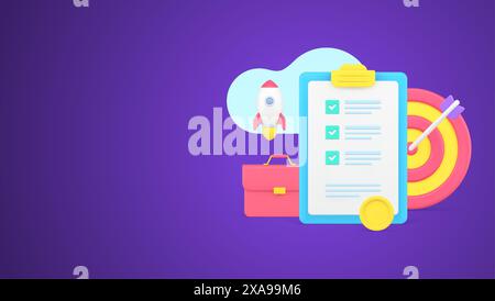 Successful business planning startup goal achievement with clipboard to do list and checkmark 3d isometric icon vector illustration. Time management a Stock Vector