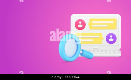 Chatting dialogue message web cyberspace at laptop display with magnifying glass 3d icon isometric illustration. Analyzing internet online communicati Stock Vector
