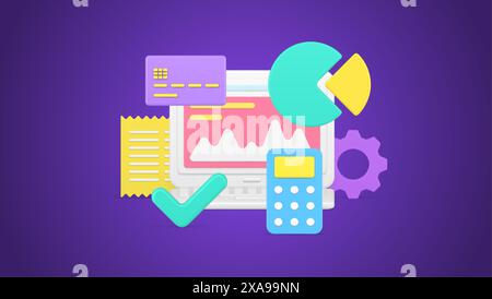 Laptop with graph wave investment profit salary budget wealth dynamic 3d icon isometric vector illustration. Online accountant with credit card, calcu Stock Vector