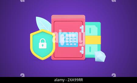 Guard banking protective system with shield and metal safe with combination lock 3d icon isometric vector illustration. Cash dollar money and gems saf Stock Vector