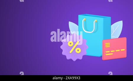 Seasonal sale, retail discount, commerce purchase, black friday 3d icon isometric vector illustration. Paper shopping bag with credit card and percent Stock Vector