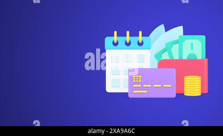 Day of regular monthly payment with schedule debit card and money cash wallet 3d vector illustration. Concept of financial commitment credit or mortga Stock Vector