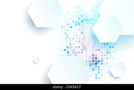Abstract circuit board and hexagons on gradient color background. Hi-tech digital technology concept. Vector Stock Vector
