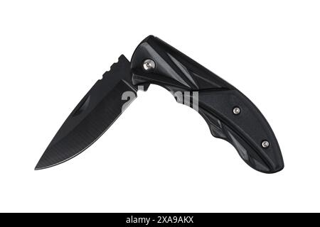 Black folding knife unfolded isolated on white background Stock Photo