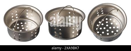 stainless steel kitchen sink strainer basket isolated white background, pull out device with handle to catch food particles and debris Stock Photo