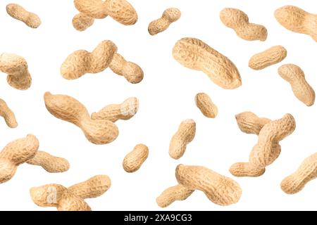Unpeeled peanuts in air on white background Stock Photo